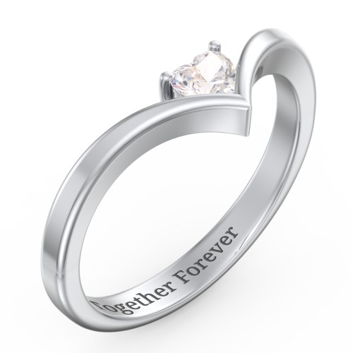 Heart Birthstone V-Shape Ring – Sterling Silver with Cubic Zirconia
