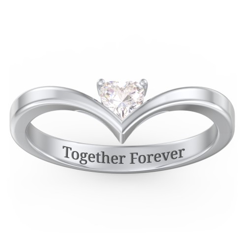 Heart Birthstone V-Shape Ring – Sterling Silver with Cubic Zirconia