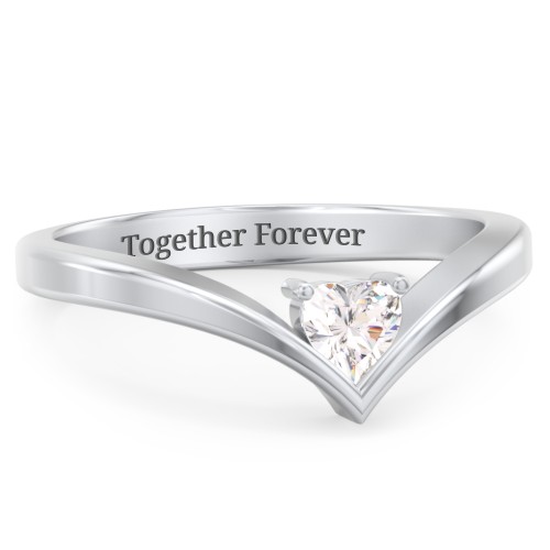 Heart Birthstone V-Shape Ring – Sterling Silver with Cubic Zirconia