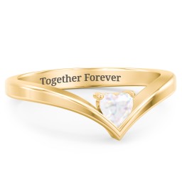 Heart Birthstone V-Shape Ring in 18K Gold Plated Silver with Opal