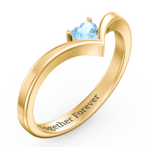 Heart Birthstone V-Shape Ring – 18K Gold Plated Silver with Blue Topaz