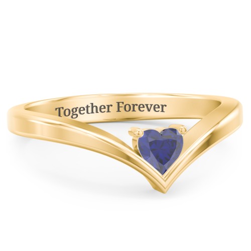 Heart Birthstone V-Shape Ring – 18K Gold Plated Silver with Blue Sapphire