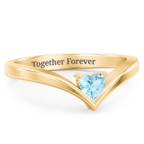 Heart Birthstone V-Shape Ring – 18K Gold Plated Silver with Blue Topaz