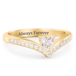 Heart Birthstone V-Shape Ring With Accents in 18K Gold Plated Silver with Cubic Zirconia and White Premium Zirconia
