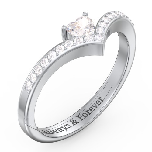 Heart Birthstone V-Shape Ring With Accents – Sterling Silver with Cubic Zirconia and White Premium Zirconia