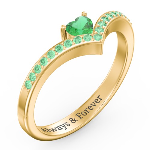Heart Birthstone V-Shape Ring With Accents – 18K Gold Plated Silver with Emerald and Green Premium Zirconia