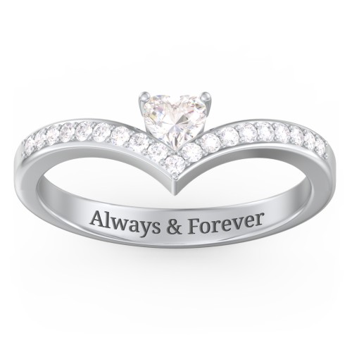 Heart Birthstone V-Shape Ring With Accents – Sterling Silver with Cubic Zirconia and White Premium Zirconia