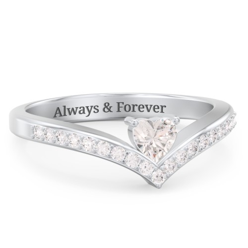 Heart Birthstone V-Shape Ring With Accents – Sterling Silver with Cubic Zirconia and White Premium Zirconia