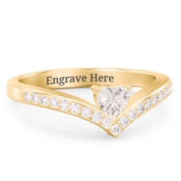 Heart Birthstone V-Shape Ring With Accents in 18K Gold Plated Silver with Cubic Zirconia and White Premium Zirconia