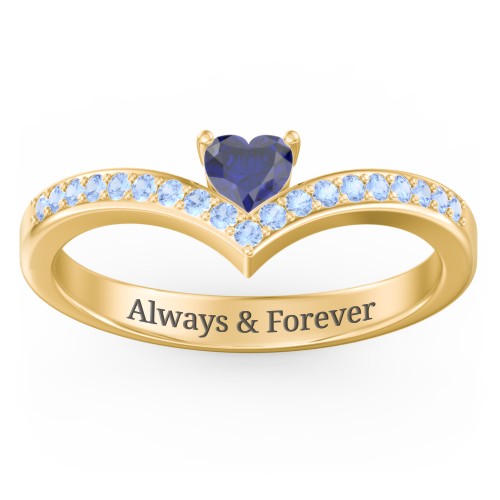 Heart Birthstone V-Shape Ring With Accents – 18K Gold Plated Silver with Blue Sapphire and Fancy Blue Premium Zirconia