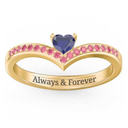Heart Birthstone V-Shape Ring With Accents – 18K Gold Plated Silver with Blue Sapphire and Red Premium Zirconia