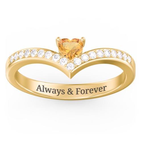 Heart Birthstone V-Shape Ring With Accents – 18K Gold Plated Silver with Citrine and White Premium Zirconia