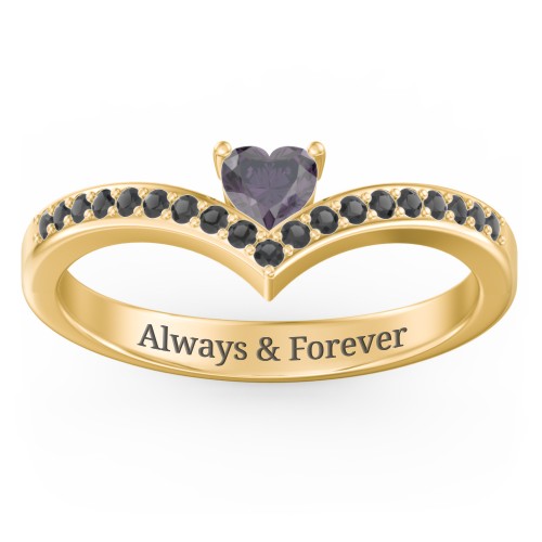 Heart Birthstone V-Shape Ring With Accents – 18K Gold Plated Silver with Alexandrite and Black Premium Zirconia