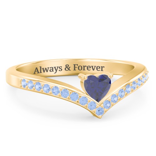 Heart Birthstone V-Shape Ring With Accents – 18K Gold Plated Silver with Blue Sapphire and Fancy Blue Premium Zirconia