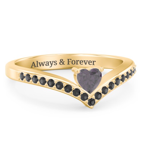 Heart Birthstone V-Shape Ring With Accents – 18K Gold Plated Silver with Alexandrite and Black Premium Zirconia