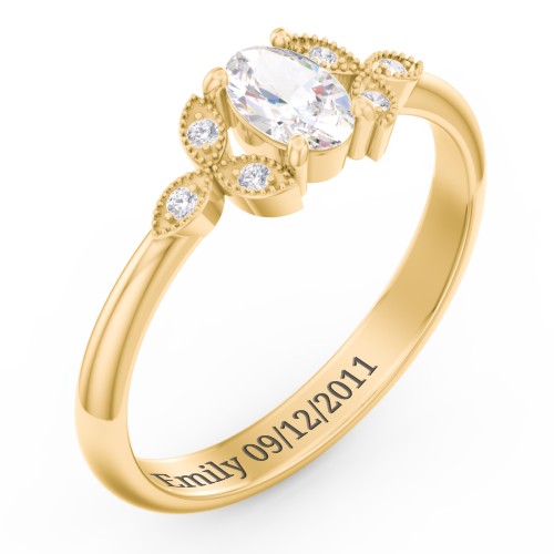 Oval Birthstone Ring With Petal Accents – 18K Gold Plated Silver with Cubic Zirconia and White Premium Zirconia