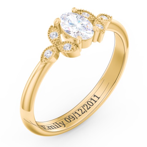 Oval Birthstone Ring With Petal Accents – 18K Gold Plated Silver with Diamond