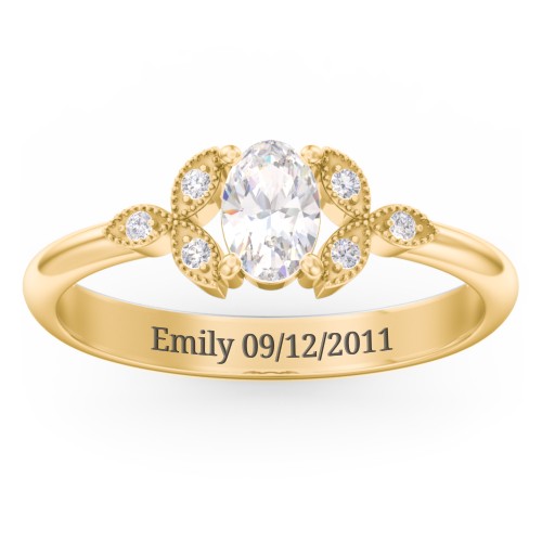 Oval Birthstone Ring With Petal Accents – 18K Gold Plated Silver with Cubic Zirconia and White Premium Zirconia