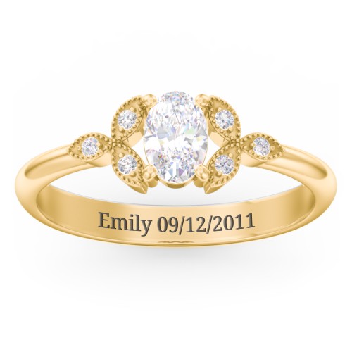 Oval Birthstone Ring With Petal Accents – 18K Gold Plated Silver with Diamond