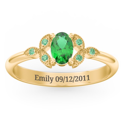 Oval Birthstone Ring With Petal Accents – 18K Gold Plated Silver with Emerald and Green Premium Zirconia