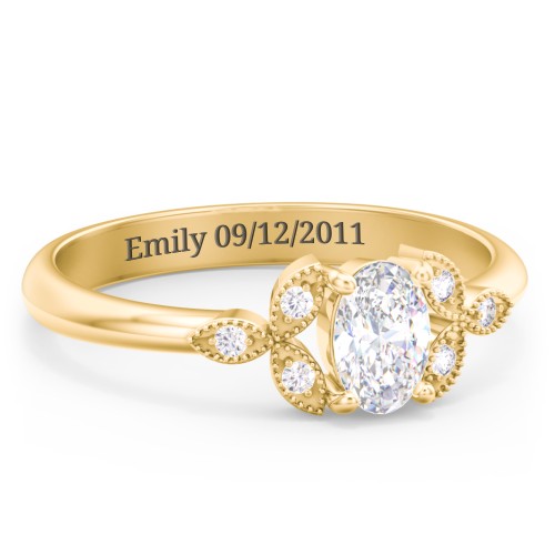 Oval Birthstone Ring With Petal Accents – 18K Gold Plated Silver with Diamond