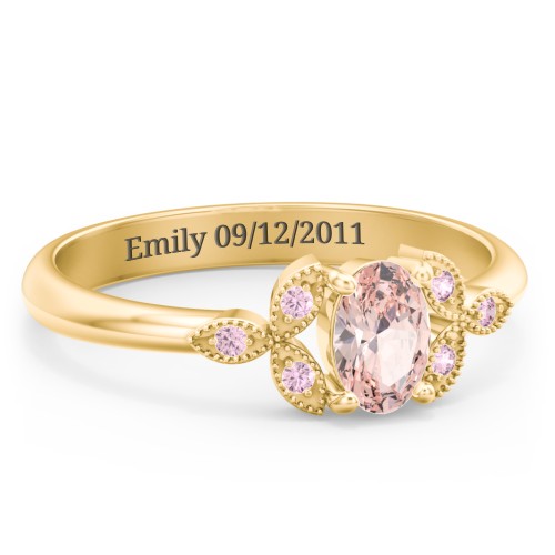 Oval Birthstone Ring With Petal Accents – 18K Gold Plated Silver with Morganite and Fancy Pink Premium Zirconia