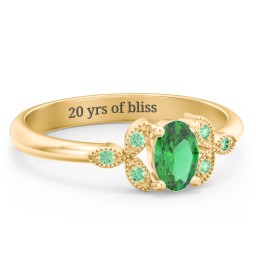 Oval Birthstone Ring With Petal Accents in 18K Gold Plated Silver with Emerald and Green Premium Zirconia