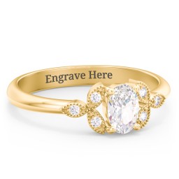 Oval Birthstone Ring With Petal Accents in 18K Gold Plated Silver with Cubic Zirconia and White Premium Zirconia
