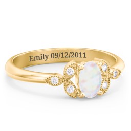 Oval Birthstone Ring With Petal Accents in 18K Gold Plated Silver with Opal and White Premium Zirconia