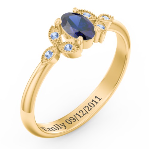 Oval Birthstone Ring With Petal Accents – 18K Gold Plated Silver with Blue Sapphire and Fancy Blue Premium Zirconia