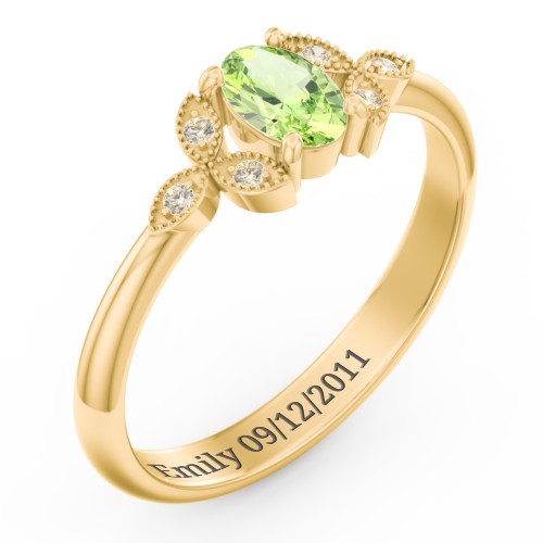 Oval Birthstone Ring With Petal Accents – 18K Gold Plated Silver with Peridot and Fancy Yellow Premium Zirconia