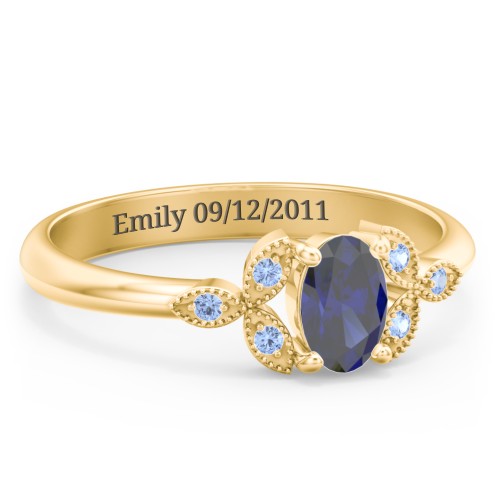 Oval Birthstone Ring With Petal Accents – 18K Gold Plated Silver with Blue Sapphire and Fancy Blue Premium Zirconia