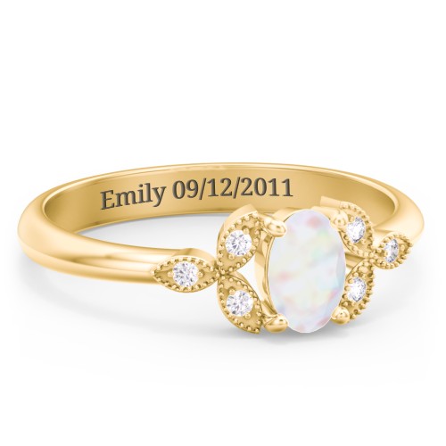 Oval Birthstone Ring With Petal Accents – 18K Gold Plated Silver with Opal and White Premium Zirconia