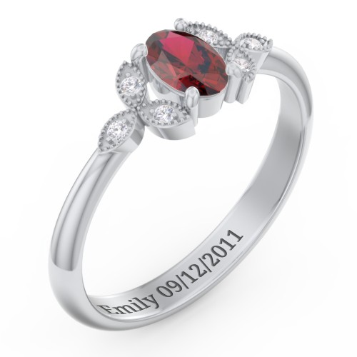 Oval Birthstone Ring With Petal Accents – Sterling Silver with Garnet and White Premium Zirconia
