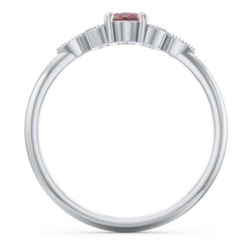 Oval Birthstone Ring With Petal Accents – Sterling Silver with Garnet and White Premium Zirconia