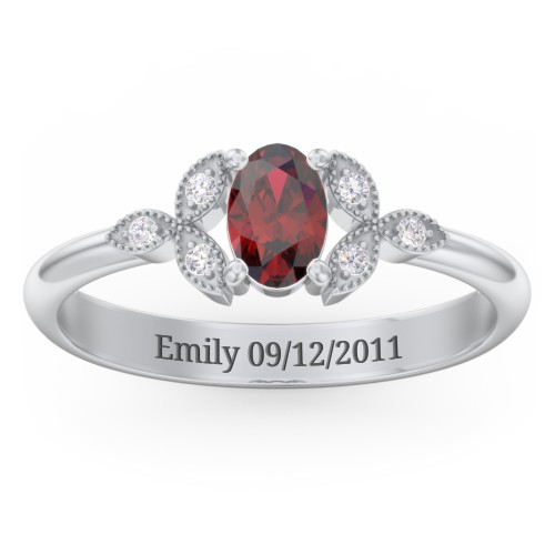 Oval Birthstone Ring With Petal Accents – Sterling Silver with Garnet and White Premium Zirconia