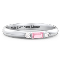 Stackable East-West Baguette Ring with Accents in 925 Sterling Silver with Pink Tourmaline and White Premium Zirconia