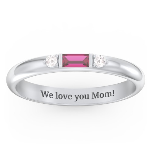 Stackable East-West Baguette Ring with Accents – Sterling Silver with Ruby and White Premium Zirconia