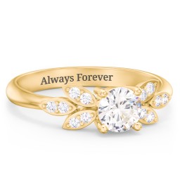Round Birthstone Ring With Petal Accents in 18K Gold Plated Silver with Cubic Zirconia and White Premium Zirconia