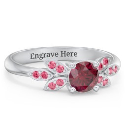 Round Birthstone Ring With Petal Accents