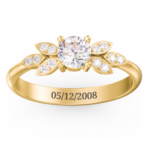 Round Birthstone Ring With Petal Accents – 18K Gold Plated Silver with Cubic Zirconia and White Premium Zirconia