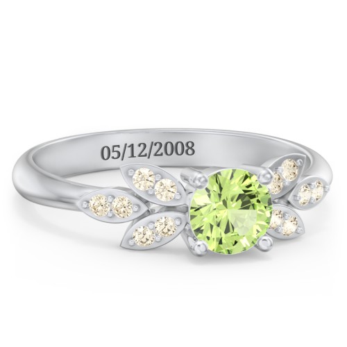 Round Birthstone Ring With Petal Accents