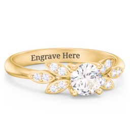 Round Birthstone Ring With Petal Accents in 18K Gold Plated Silver with Cubic Zirconia and White Premium Zirconia