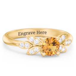 Round Birthstone Ring With Petal Accents in 18K Gold Plated Silver with Citrine and White Premium Zirconia