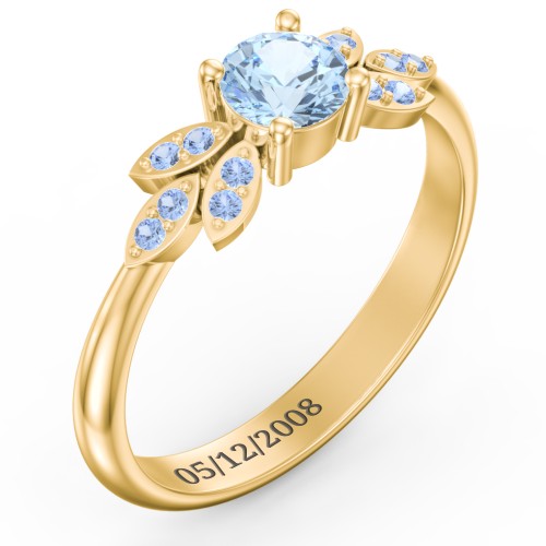 Round Birthstone Ring With Petal Accents – 18K Gold Plated Silver with Aquamarine and Fancy Blue Premium Zirconia