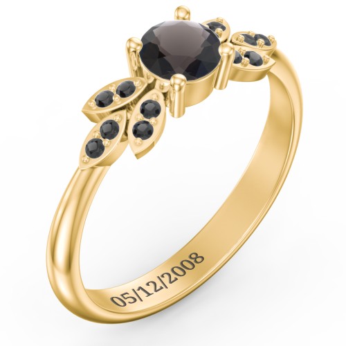 Round Birthstone Ring With Petal Accents – 18K Gold Plated Silver with Smokey Quartz and Black Premium Zirconia