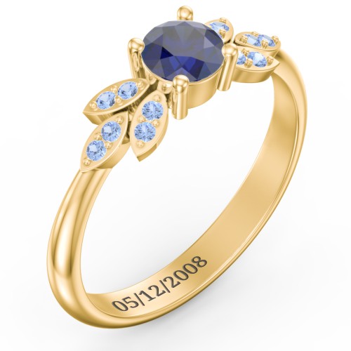 Round Birthstone Ring With Petal Accents – 18K Gold Plated Silver with Blue Sapphire and Fancy Blue Premium Zirconia