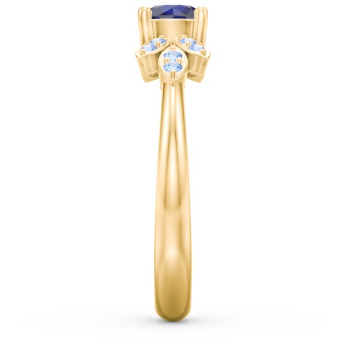 Round Birthstone Ring With Petal Accents – 18K Gold Plated Silver with Blue Sapphire and Fancy Blue Premium Zirconia