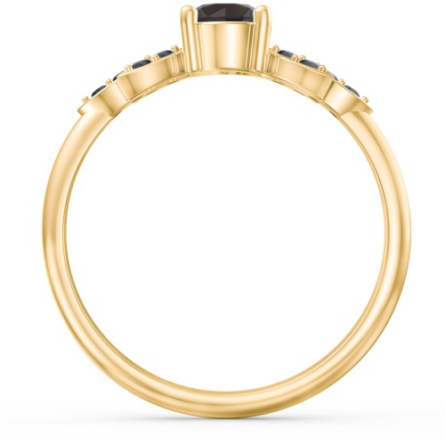 Round Birthstone Ring With Petal Accents – 18K Gold Plated Silver with Smokey Quartz and Black Premium Zirconia