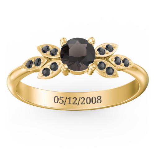 Round Birthstone Ring With Petal Accents – 18K Gold Plated Silver with Smokey Quartz and Black Premium Zirconia